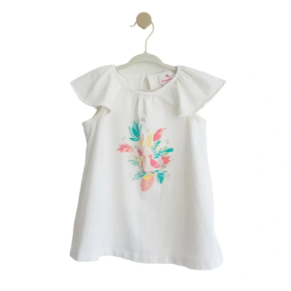 Tommy Bahama White Floral Tropical Bird Flutter Sleeve Top | Girls 24 Months